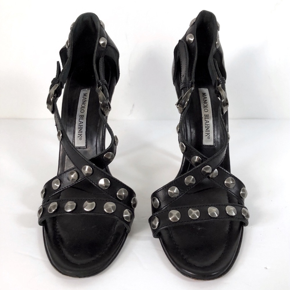 Manolo Blahnik black leather silver studded Ningia criss cross heels size 39/9